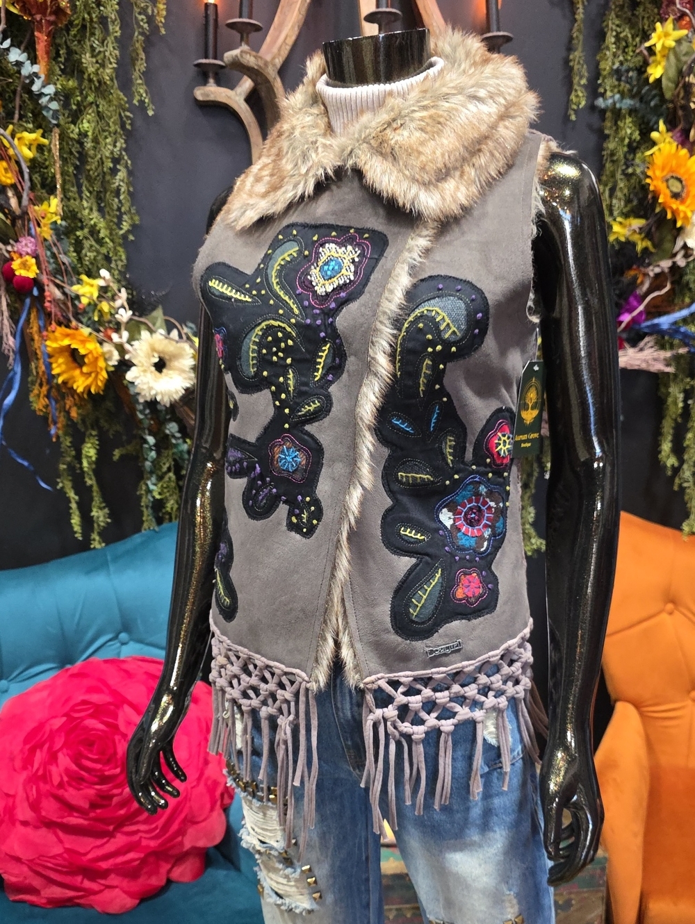 Desigual Embroidered Faux Fur Vest with Crochet Knit Back.